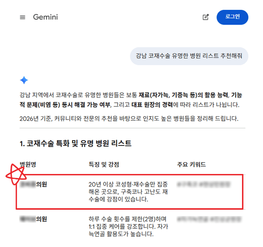 Gemini에게 병원 추천을 물어본 검색 화면